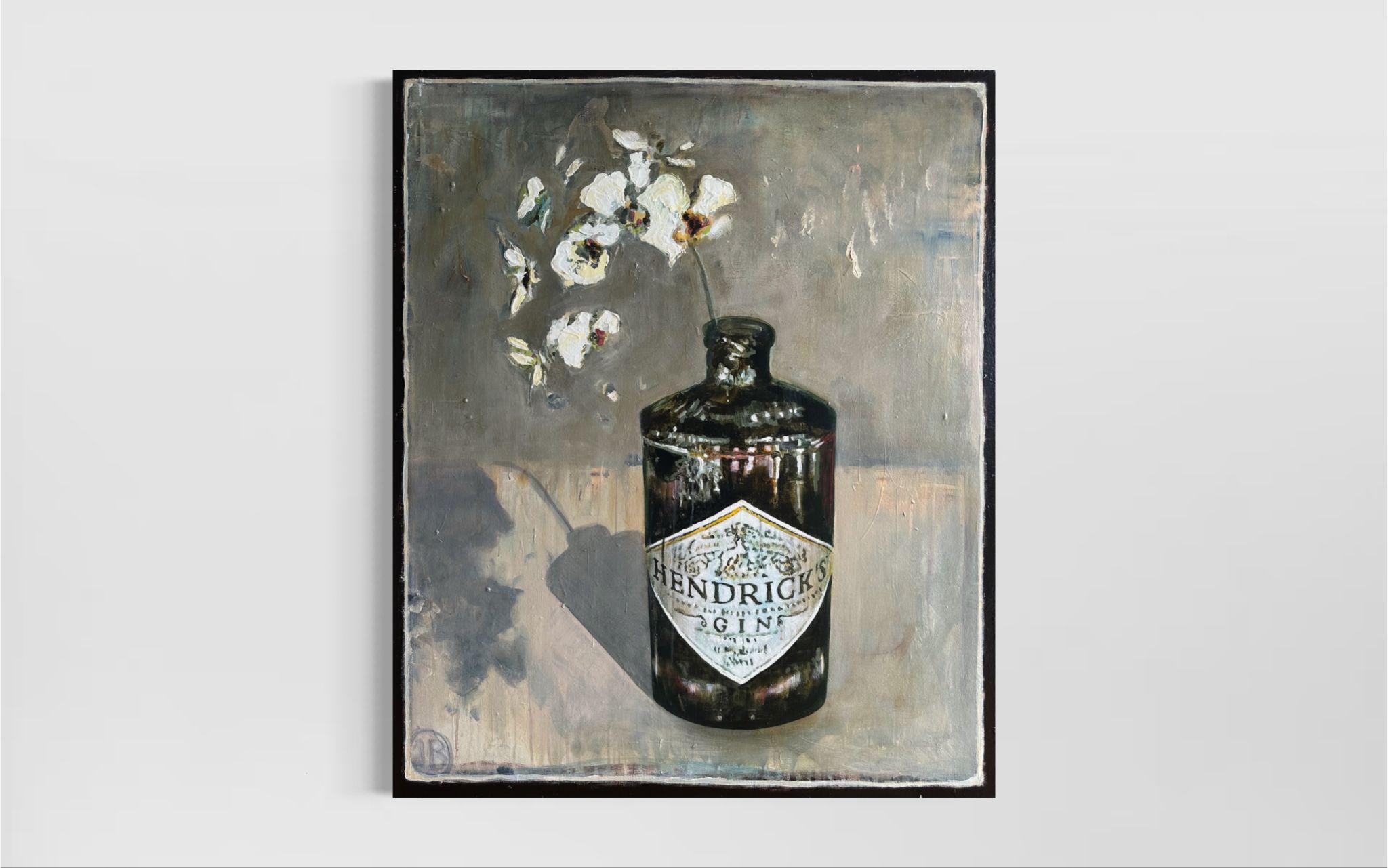Acrylic on canvas painting of a bottle of Hendricks Gin being used to hold a sprig of white flowers.