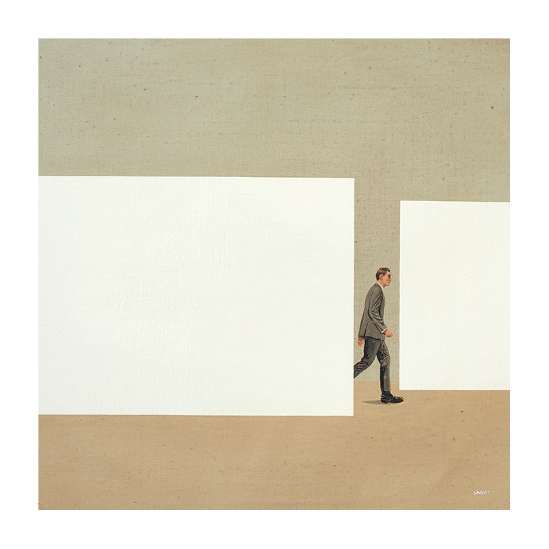 An acrylic painting where a suited man walks between two white blocks.