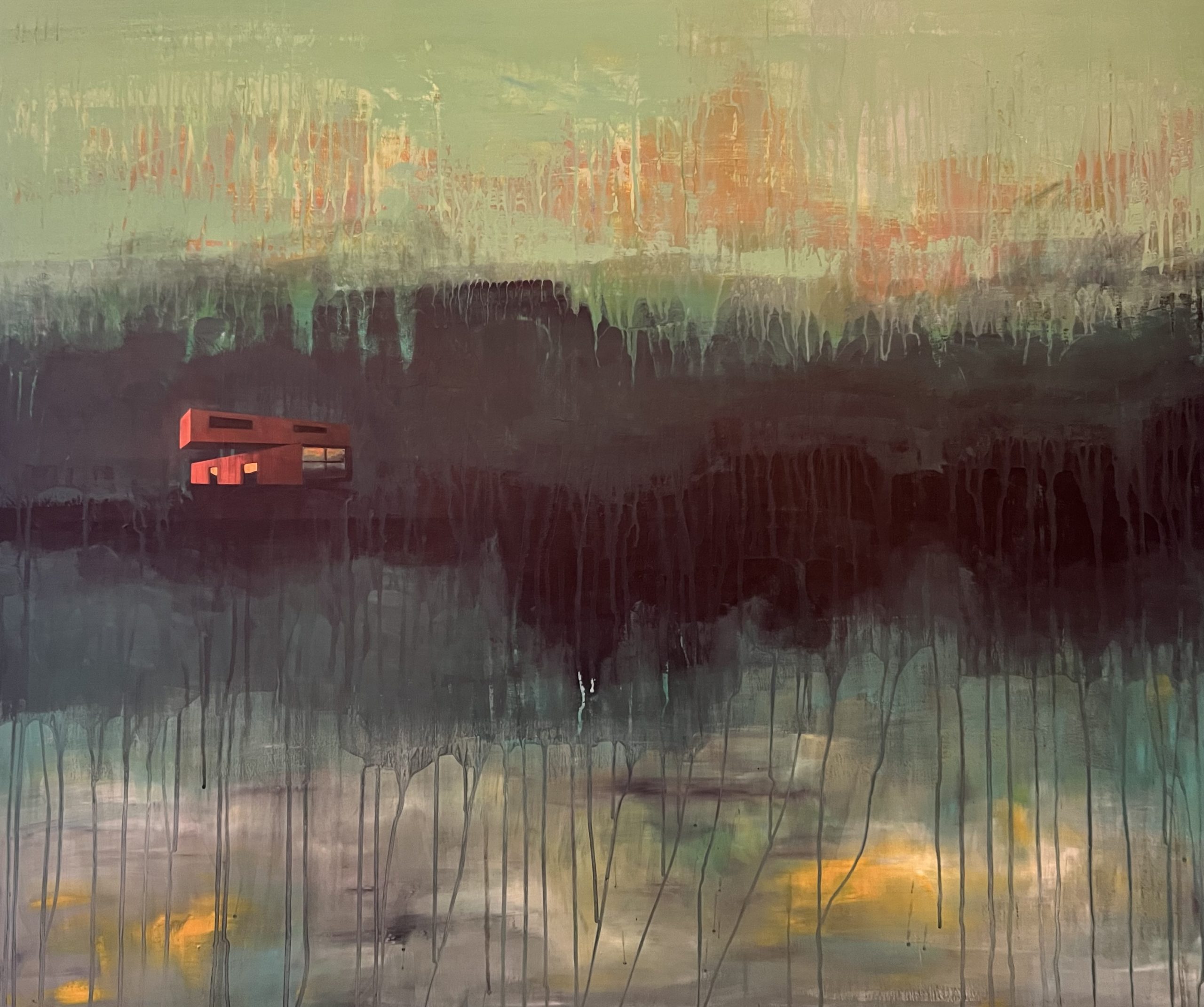 Chantal Grevers, 'Another Day Gone By'; an abstract landscape where earth tone colours drip down the canvas. 