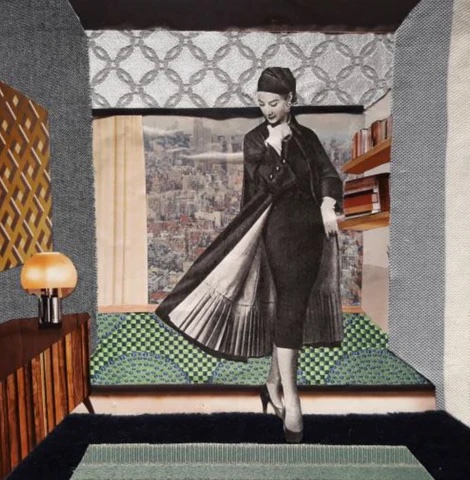 Francesa Lupo's 'My Beautiful Coat', a collage of a stylish woman in a Parisian bedroom. 