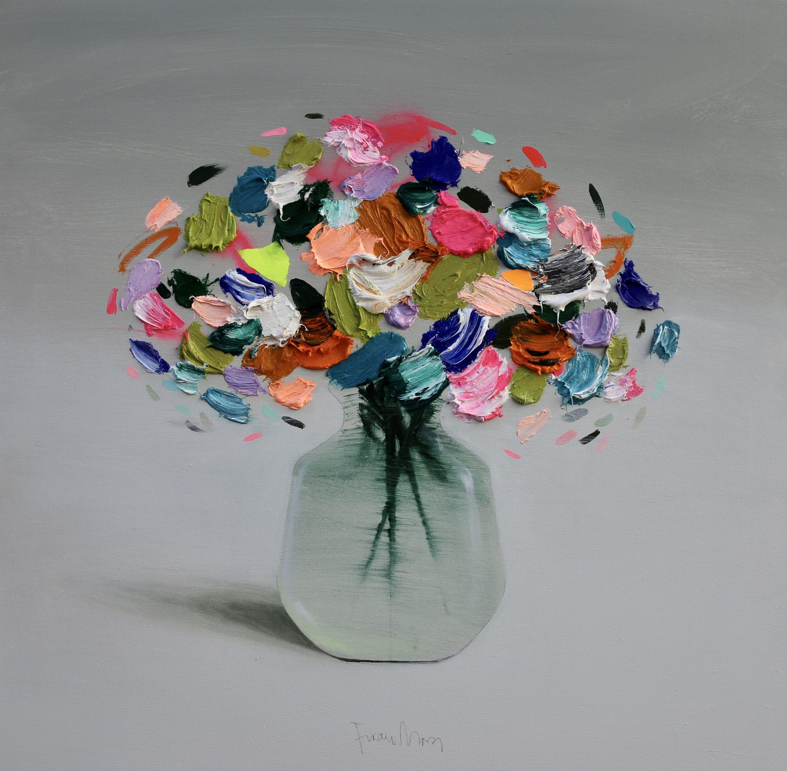 A bright, colourful painting of abstract flowers in a clear vase constructed from impasto strokes. 