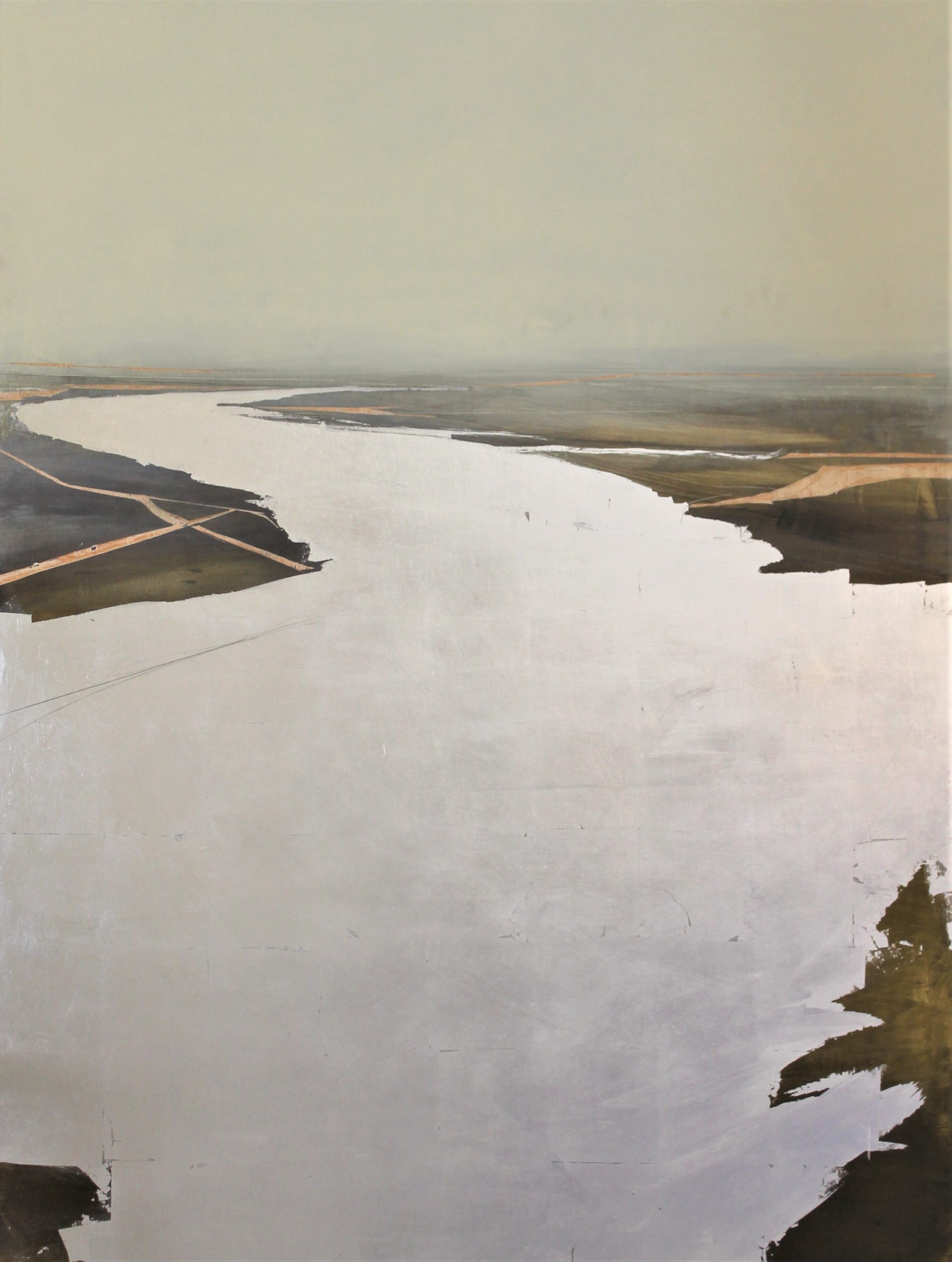 Atmospheric mixed-media piece of an estuary and surrounding fields. 