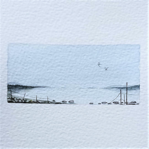 Miniature watercolour painting of a winter's lake. 