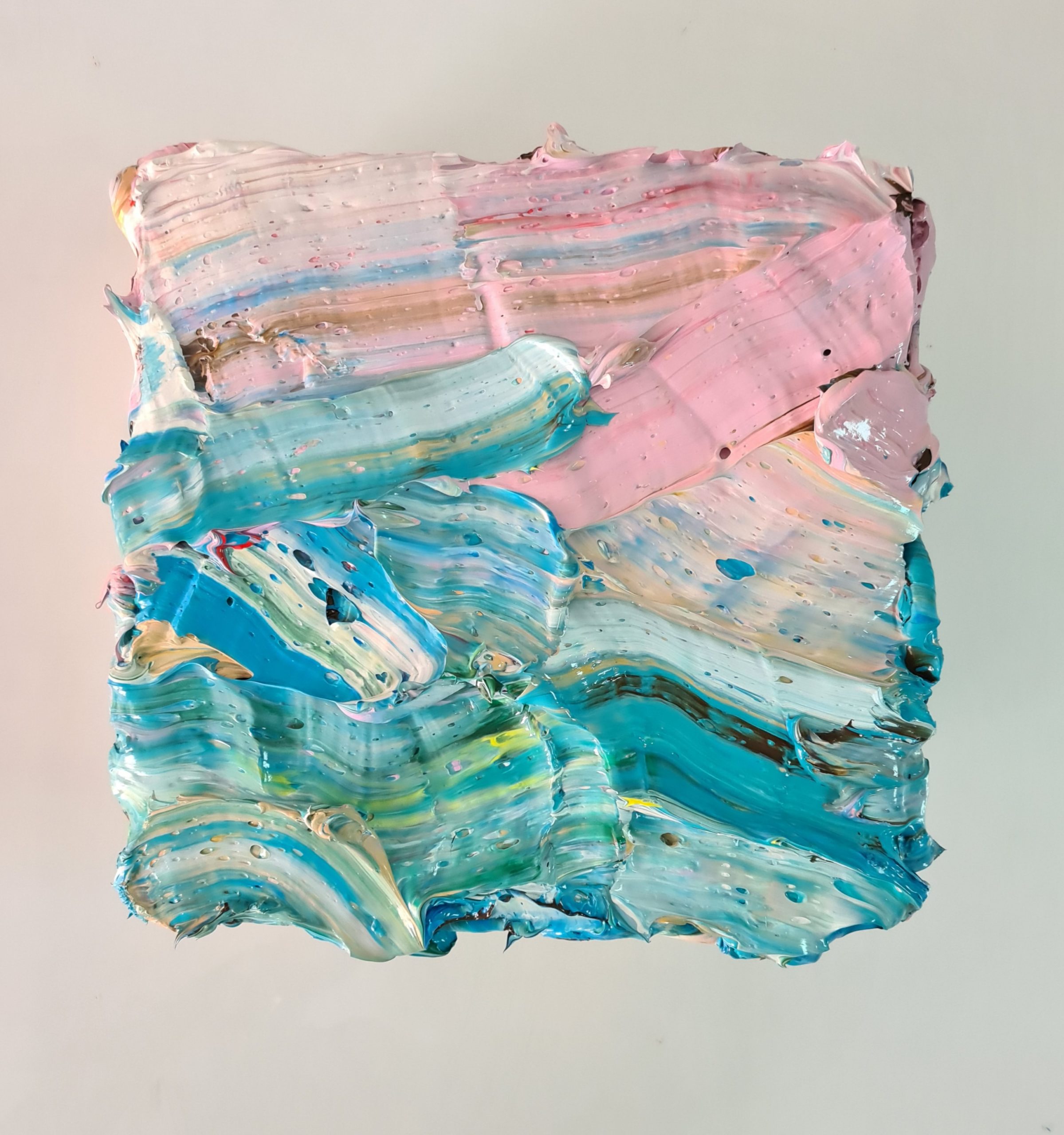 An abstract piece of large, impasto brush strokes in pastel blue and pink. 