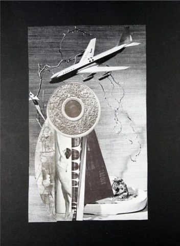 A surrealist collage by Pum showing an aeroplane, branches and other textures in black and white. 