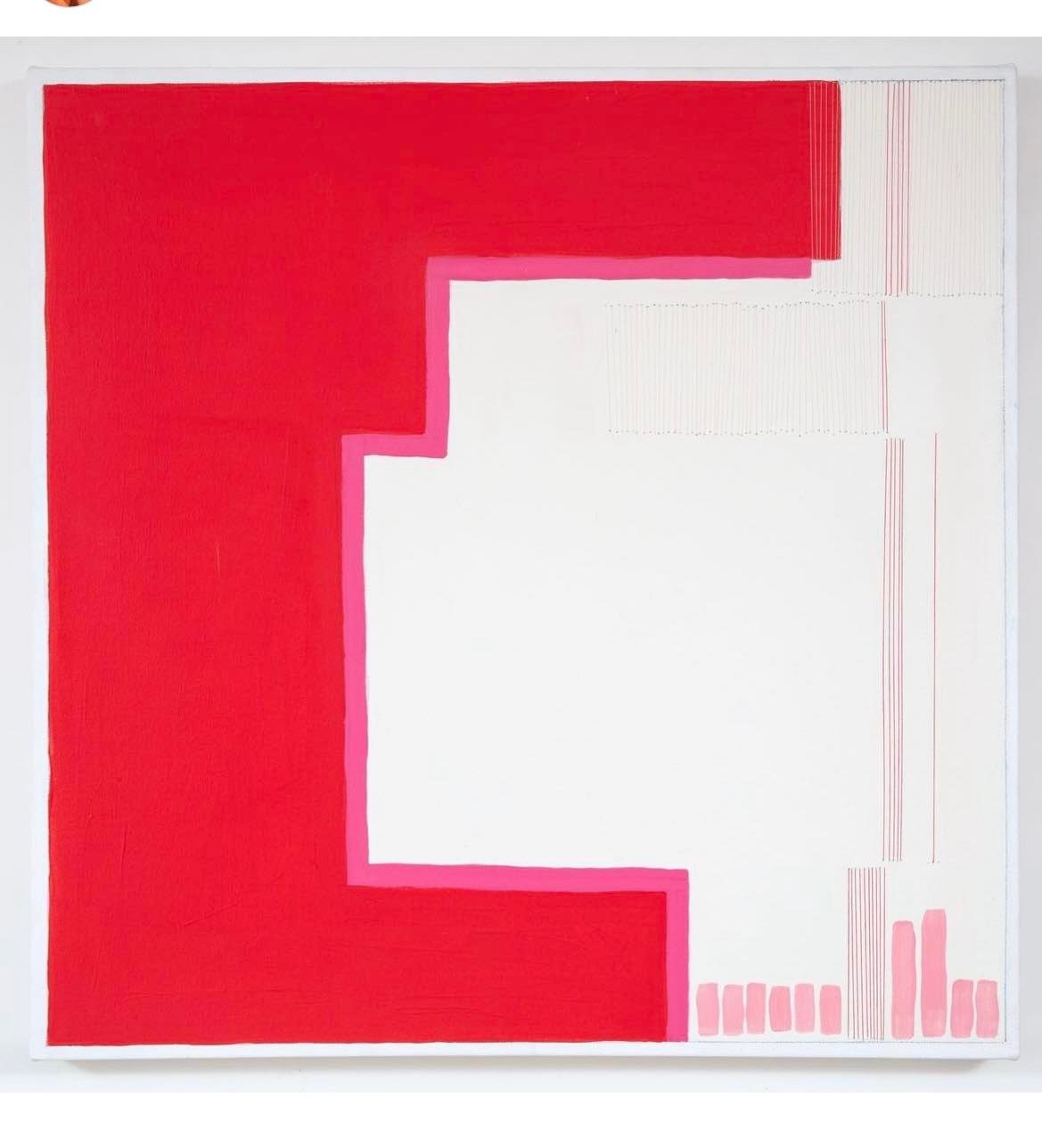 An abstract artwork by Holly Miller using acrylic and yarn. Plenty of white space, with a geometric red shape on the left. 