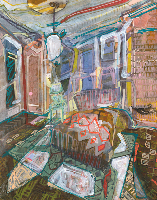 An abstract depiction of a bedroom interior by Erika Stearly. 
