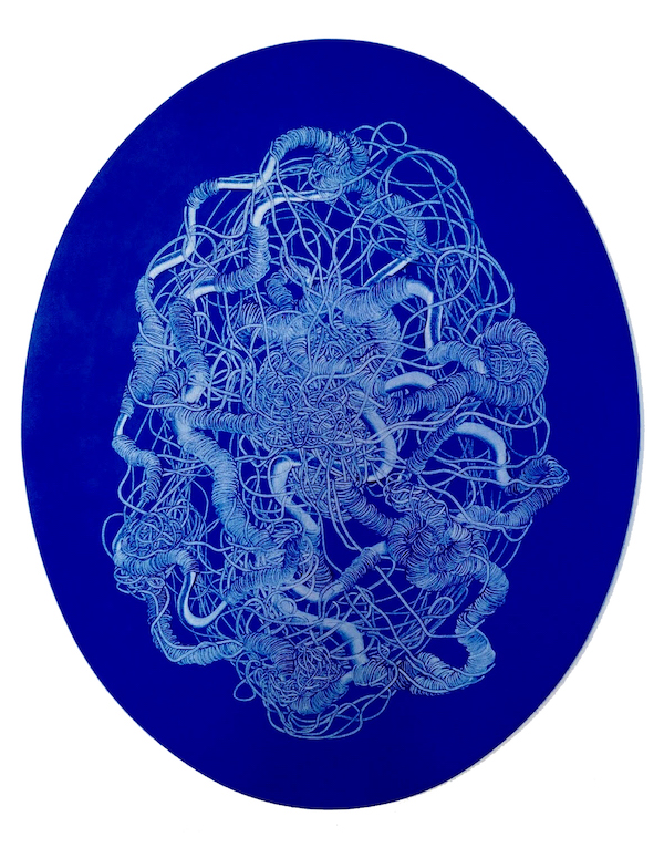 An electric blue artwork from Madalena Negrone's 'Entangled' collection. White thread tangles together in a large mass. 