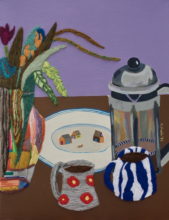 Michelle Marin's 'Press Pause' artwork, which used embroidery to depict a still life of a classic kitchen table. 