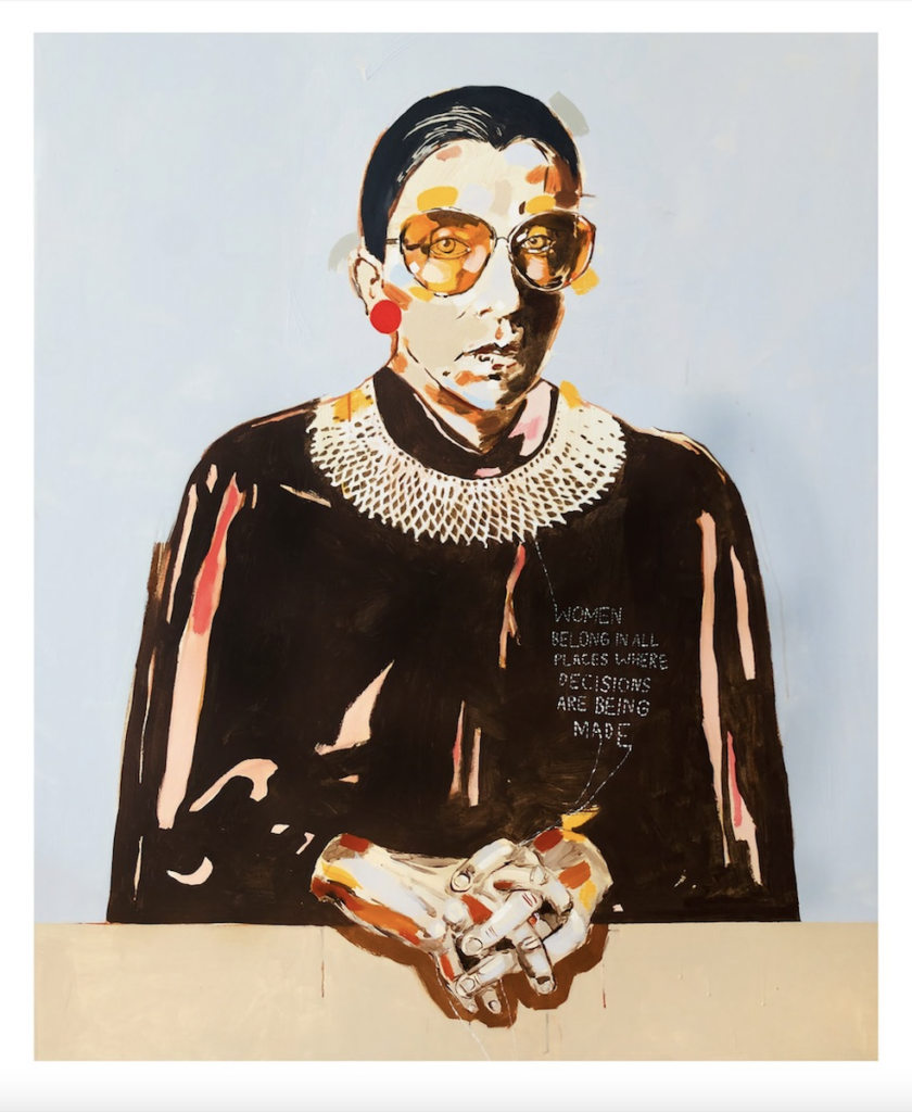 A print of a woman in big sunglasses and black robe. She folds her hands together on a table in front of her. On the lapel of her robe, the words 'women belong in all places where decisions are being made' are stitched. 