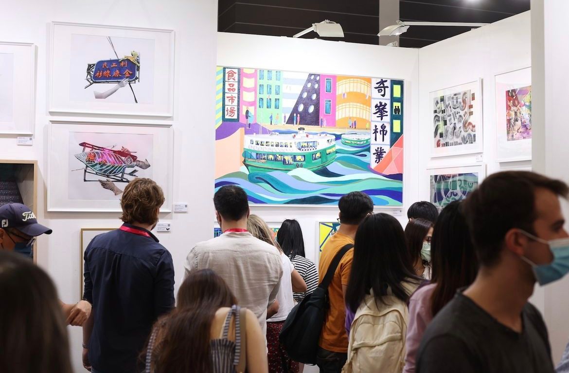 People visiting Rick Lo's artworks in Affordable Art Fair 2022