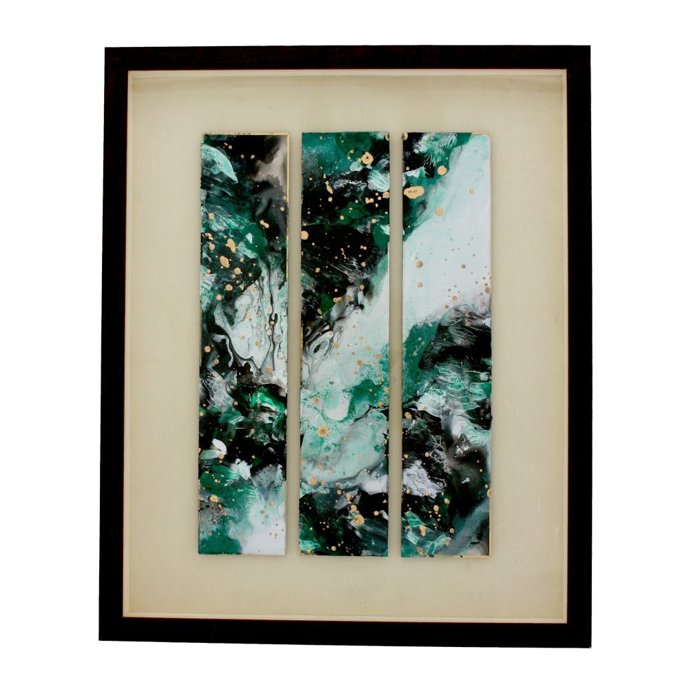 One rectangular canvas seperated into three vertical parts. Green, balck and white ink flowing abstract art with highlight of gold spark