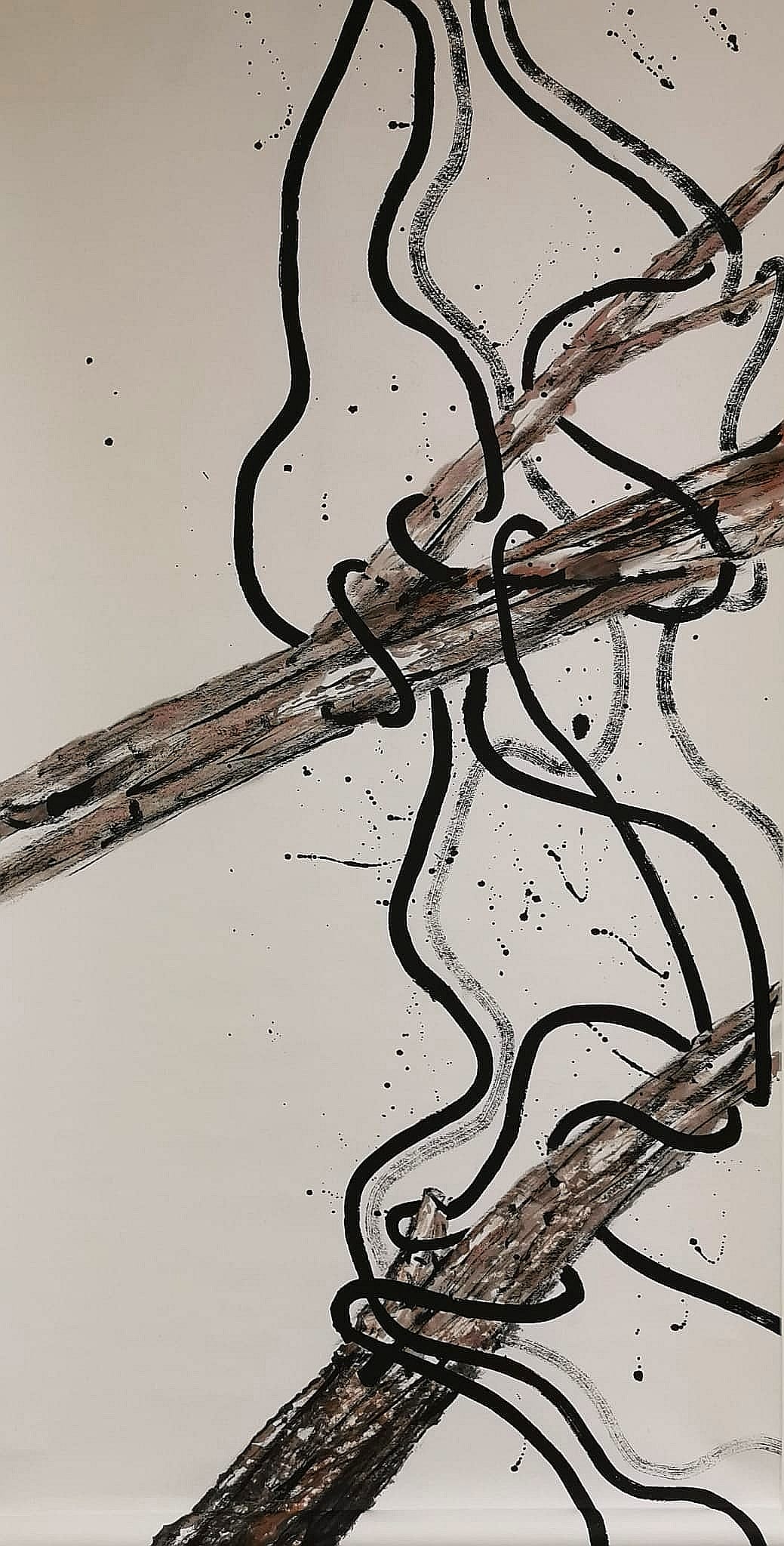 A ink painting with light grey backgournd, two wood-like stick placing in organic form with lines black brushstrokes surrounding them