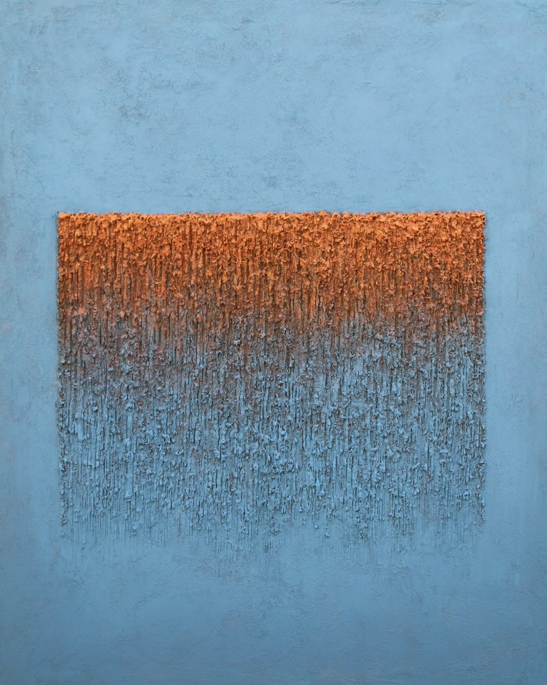 artwork with low saturating blue background, at the center with a orange sand color in rectangular shape fading downwards
