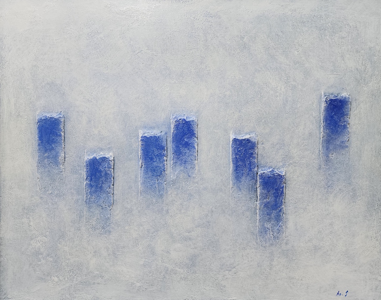 A rectangular artwork with background of white and blue detailed brushstrokes, with 7 blue rectangular block with brushstrokes locating in organic forms 
