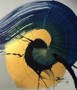 An abstract art with blue and gold color forming a circular shape with bold brushstrokes
