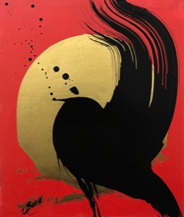 An abstract art with red backgorund, a gold circle at the center, with bold black brushstroke on top