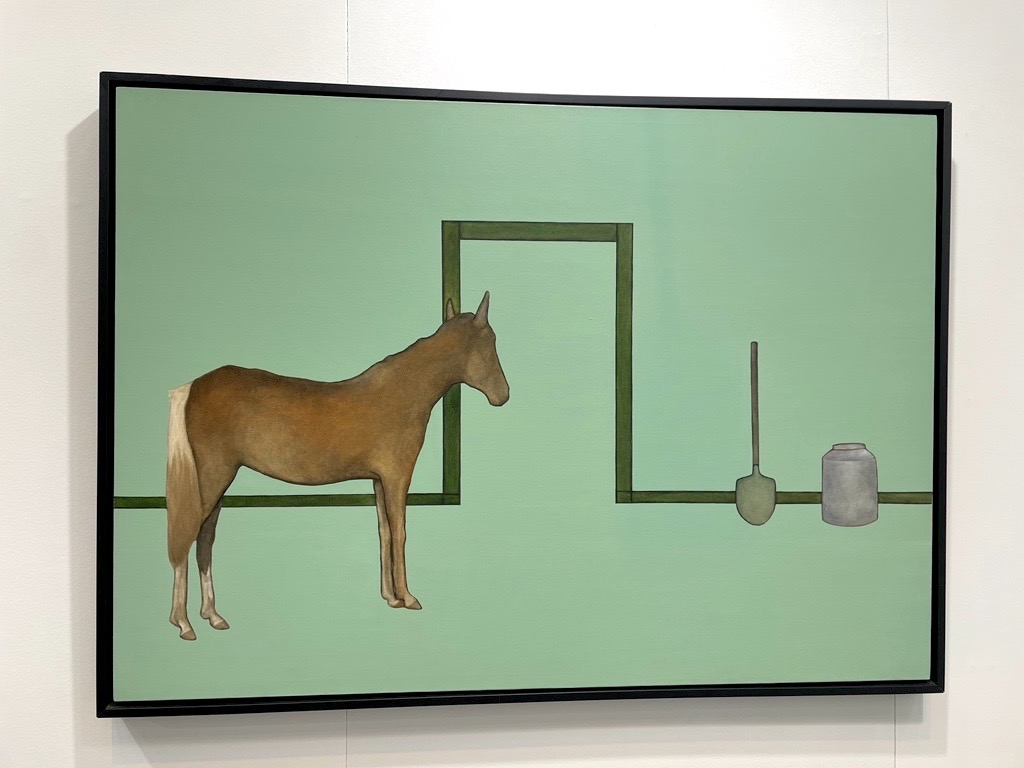 An artwork with a pastel green background. A chestnut horse is featured on the left, with an abstract doorway leading to a spade and milk urn. 