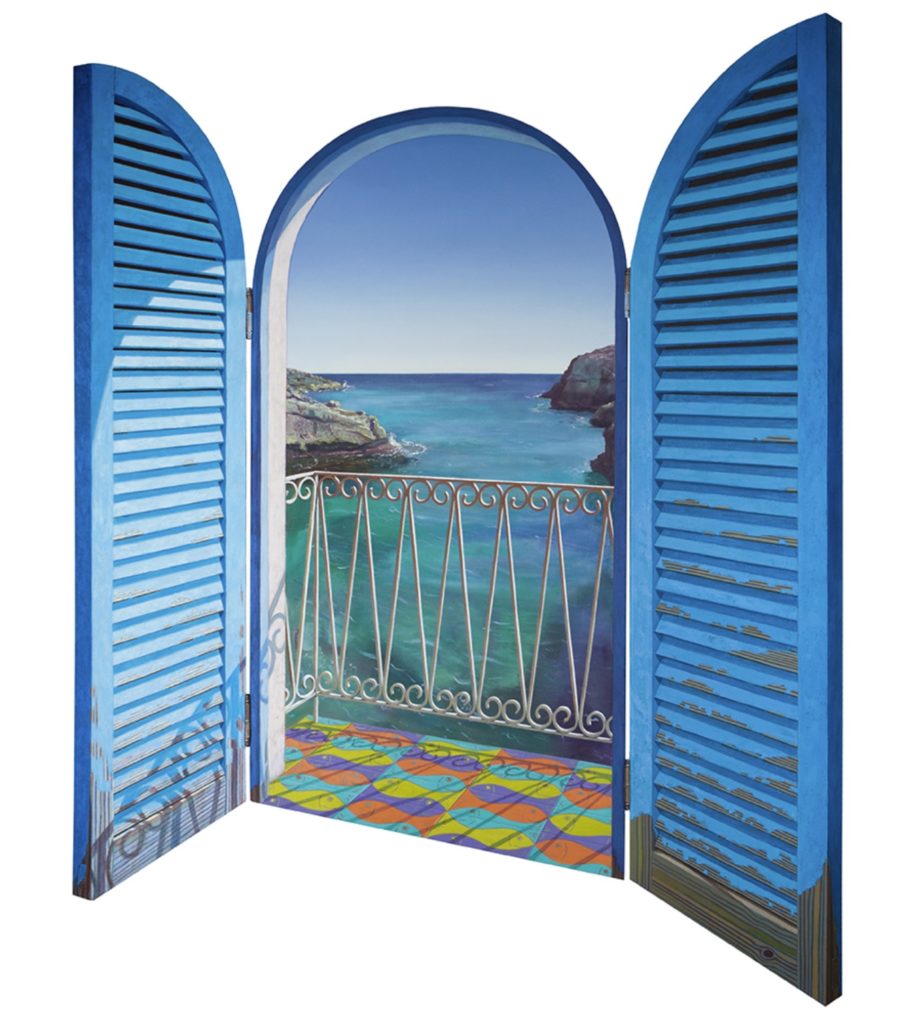 A painting of two open, blue shutters that look out onto a balcony. The view is of a summery turquoise sea. 