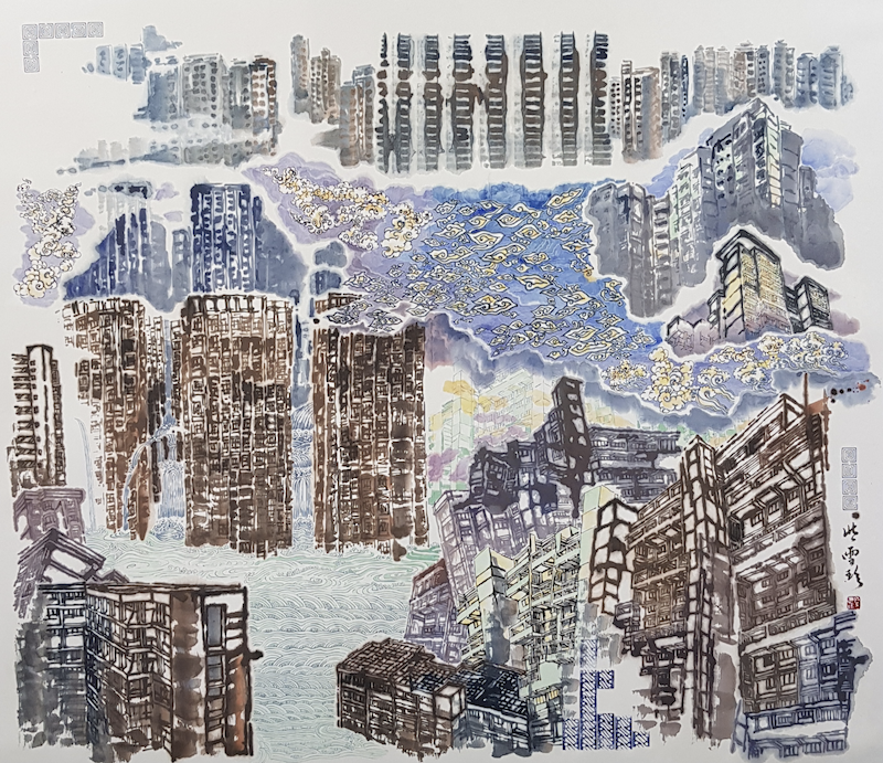 An ink abstract piece made up of sections of cityscape, mainly buildings and skyscrapers. 