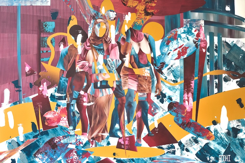 An abstract artwork that uses the collage style to make the shapes of three figures. 