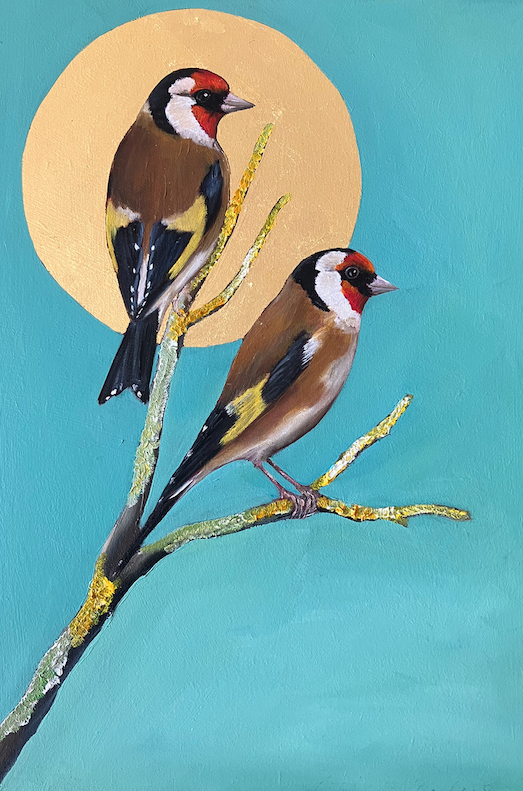 Becky Munting, Golden Sun, Goldfinches, £475, oil and gold leaf on board, artdog London