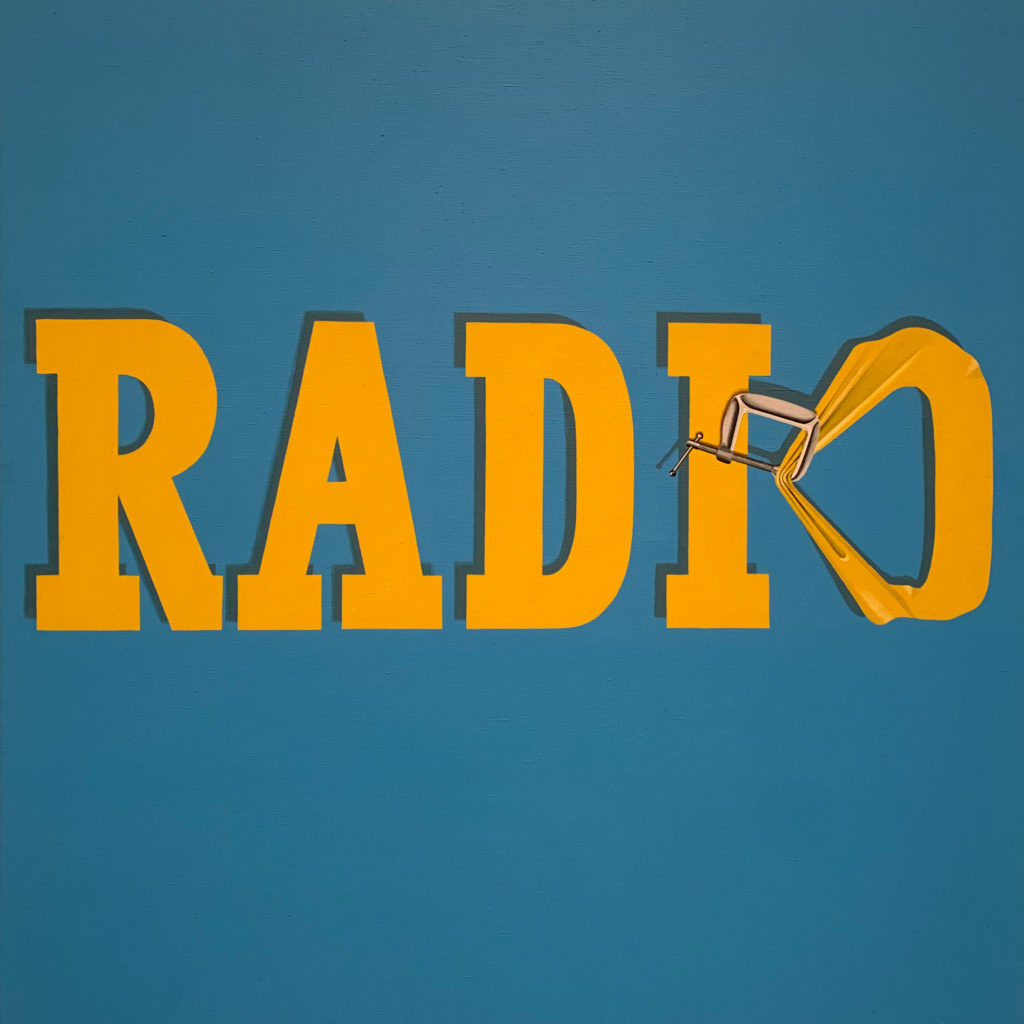 An image of an Ed Ruscha painting of the word "radio" in yellow upon a blue background in which the letter O is being squeezed by a vice.