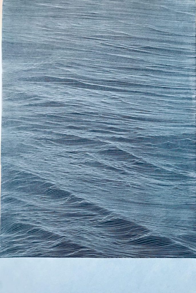 A close up etching of ocean waves with a light blue overlay. 