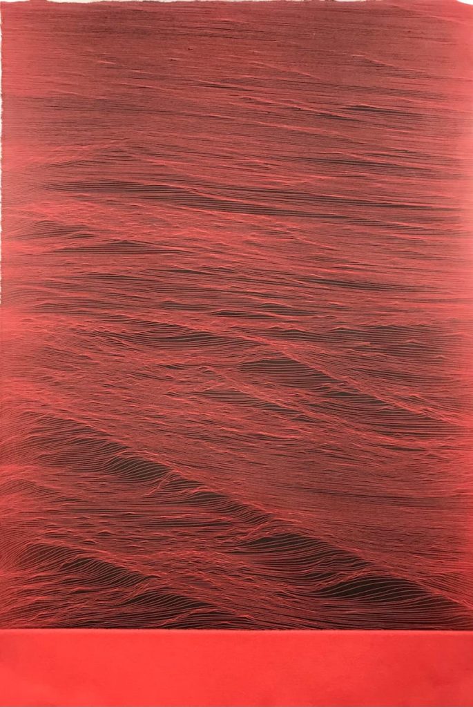 A close up etching of ocean waves with a red overlay. 