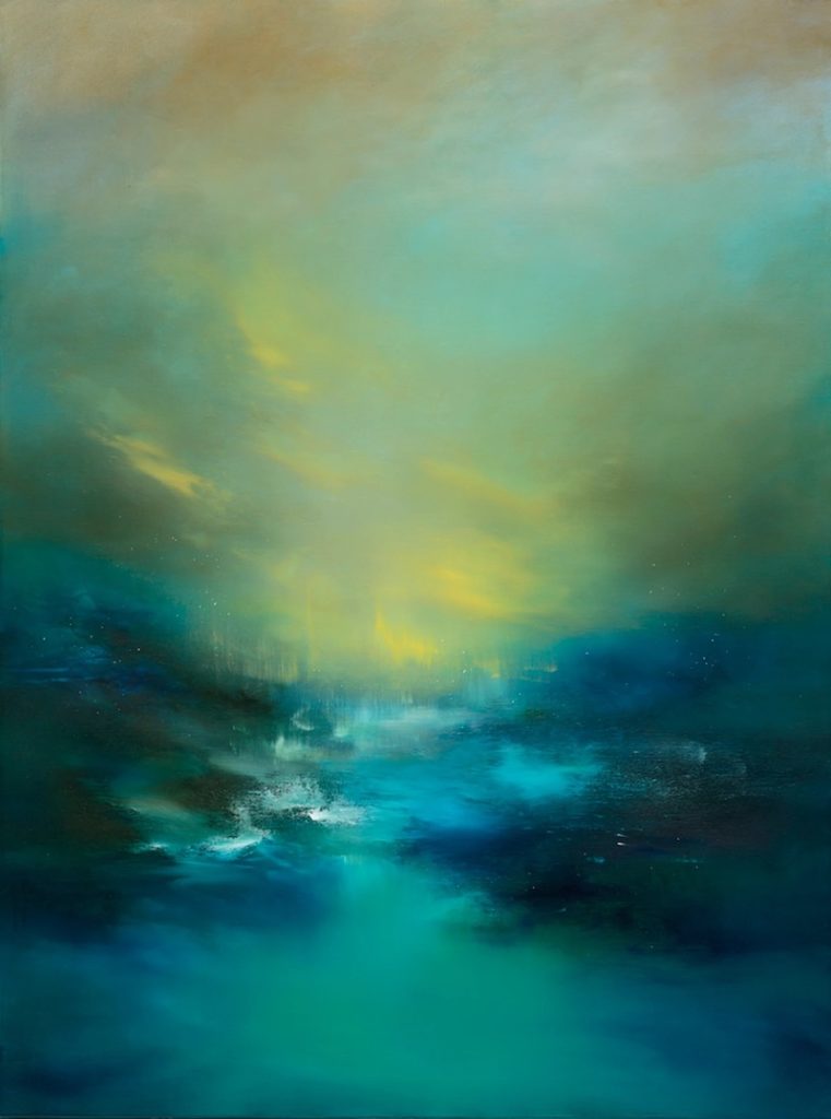 A abstract piece that depicts the sky in a gradient of blue, yellow, green and black. 