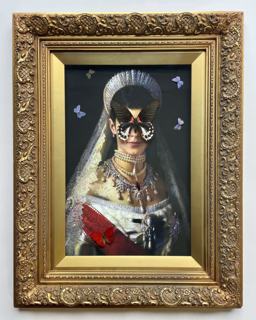 Tess Chodan, The Red Sash, £1,200, original digital artworks, ethically sustainably sourced butterflies, antique frames, OWL Gallery