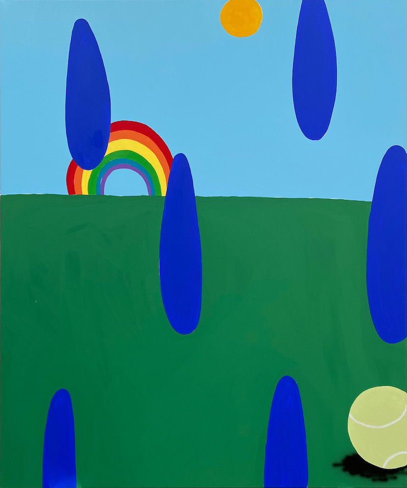 A naive landscape scene. A rainbow in the left hand corner rises over bright green grass. Big blue raindrops fill the canvas, obscuring the other elements, which are a small yellow sun and tennis ball in the foreground.
