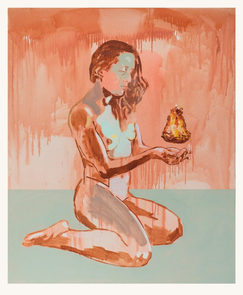 'My Big Little Fire II' by Marcelina Amelia, a figurative painting of a naked kneeling woman holding a flaming orb. 
