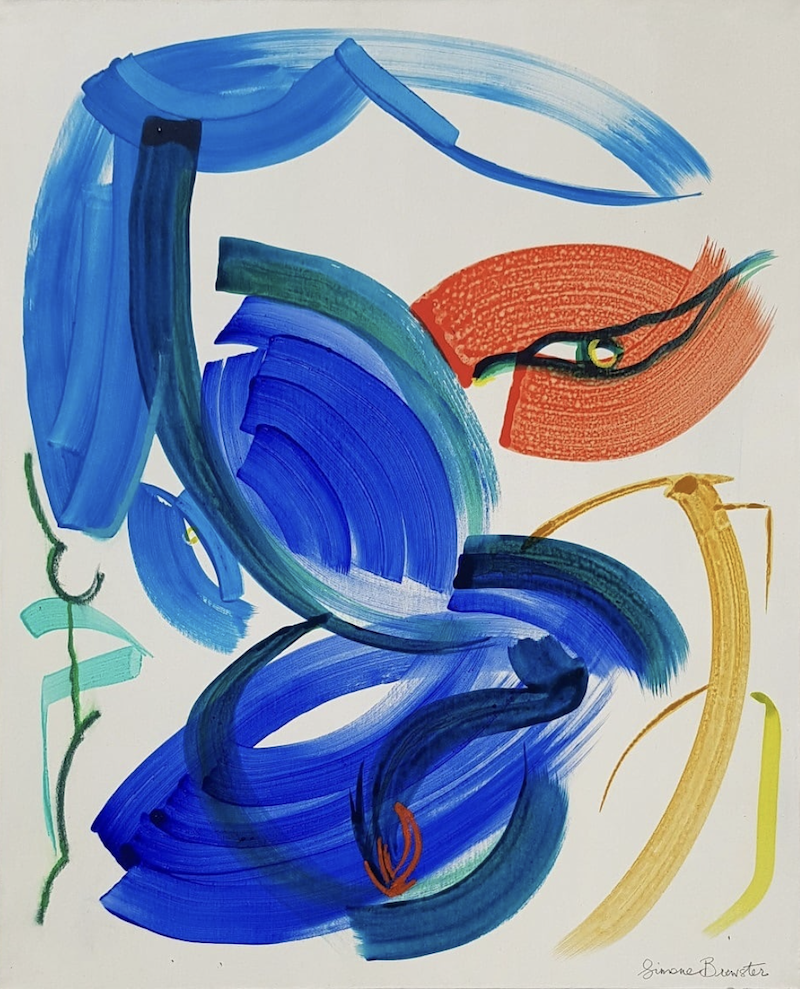 An abstract painting by Nadia Attura with broad, electric blue brushstrokes in various curved angles. 
