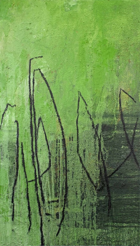 An abstract, textured painting in emerald green. Lighter at the top and darker at the bottom, black scribble shapes are drawn into the paint, which drips down the canvas. 