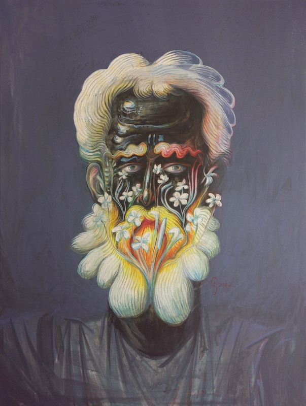 A surrealist painted portrait of a grey-haired man. White flowers form his face and his hair appears to be constructed from cloud. 