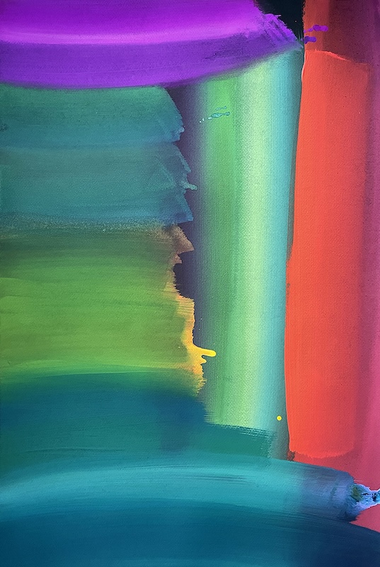 An abstract painting formed from broad brushstrokes to create a rainbow gradient. 
