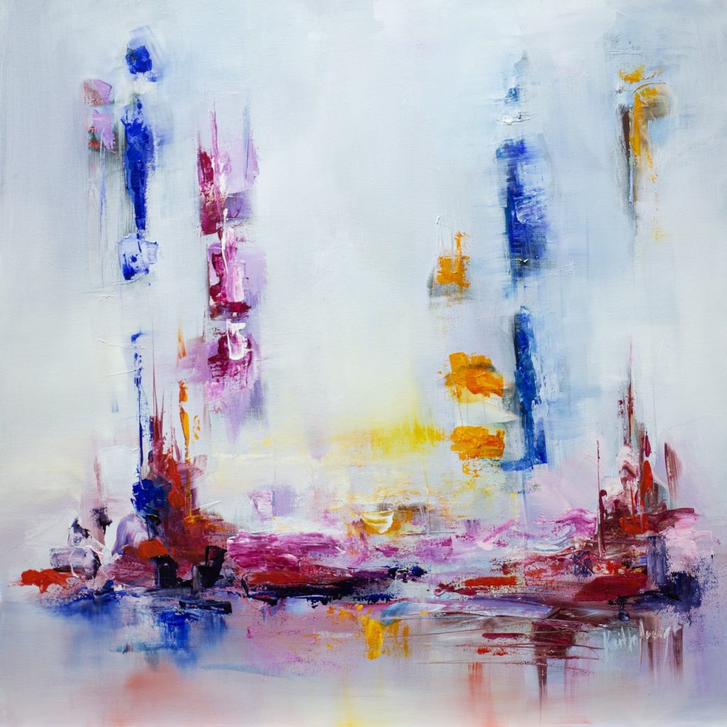 An abstract painting with a blurry light blue background, sharp colours of red, yellow, and blue scratching from the lower edges to the upper edges of the canvas.  