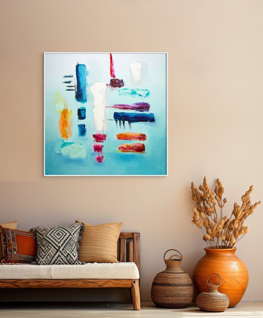 An abstract oil painting with blue background, centering horizontal and vertical brush lines in bright colours of orange, blue, white, and pink. The painting is hanging on the wall above a wooden sofachair on the bottom left, and three decorative vases in brown and orange on the bottom right. 