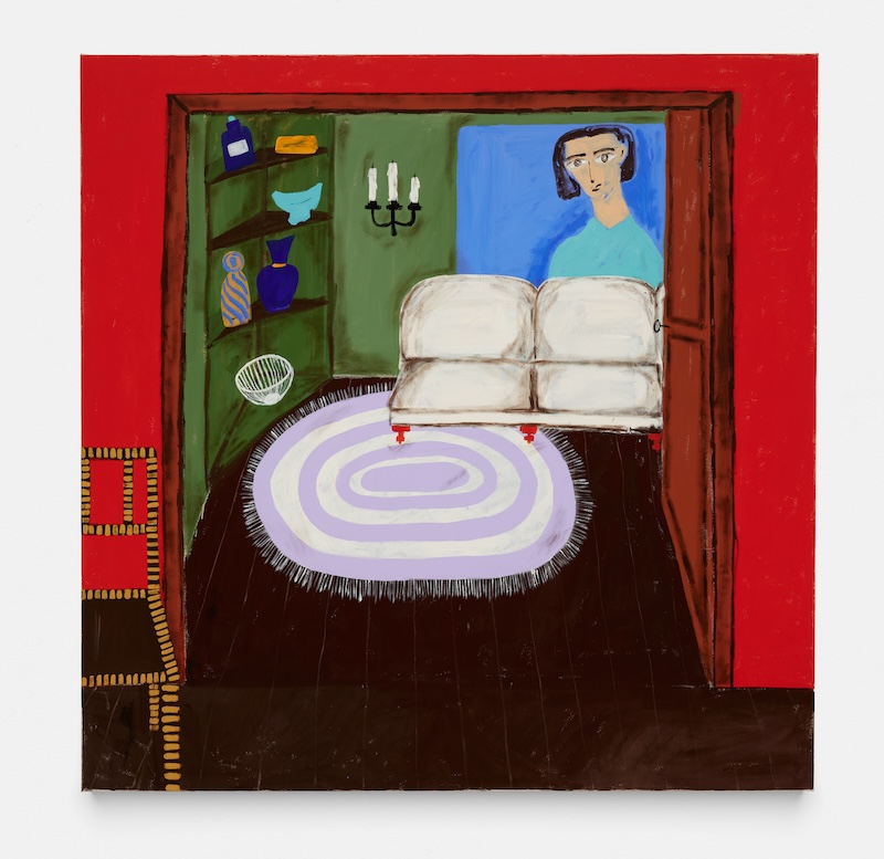 A painting of a domestic scene with lilac rug, olive green walls and a white sofa. The perspective is distorted. On the back wall in a painting within a painting of a woman with black hair in a blue t-shirt. 