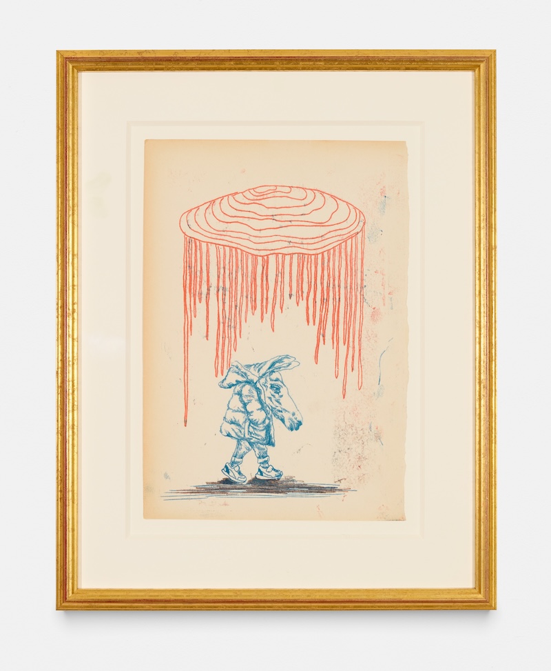 A surrealist print on cream paper. In blue, the figure of a young boy with a horses head walks under a red abstract rain cloud. 
