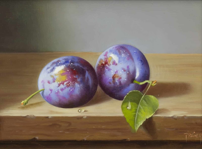 A realist painting of two plums on a brown wooden table.