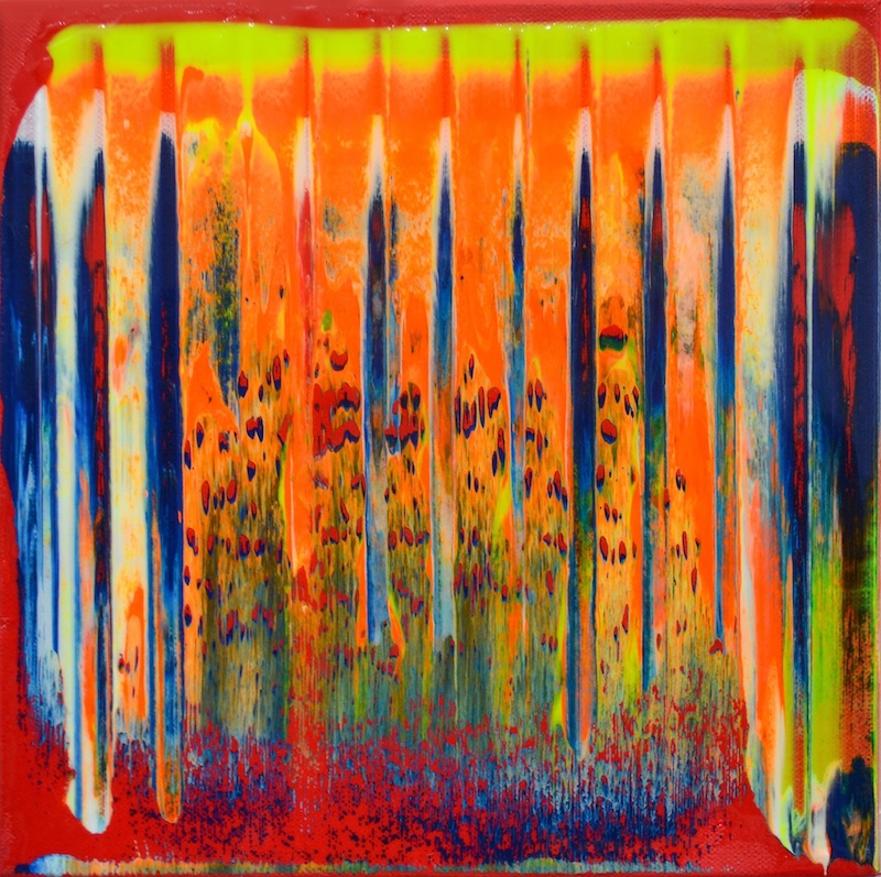 A modern acrylic painting that looks like lots of smears or paint in orange, electric blue and neon green.