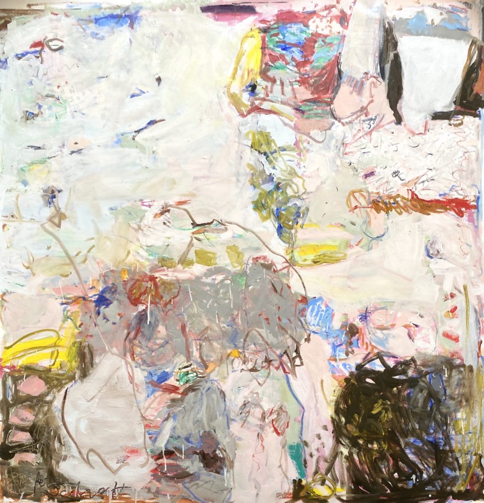 Petra Schott, Summer Talk V, 140x140cm, Oil on canvas, £4,400, Hancock Gallery