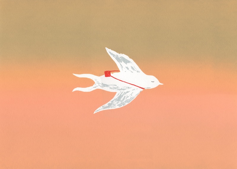 A white illustrated bird flies through the peachy sky with a red satchel on. 