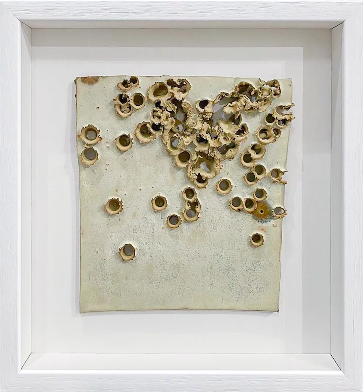 Kenza Gray, Shot Slab no.31, stoneware clay shot with a shotgun with glaze colouring, £390, Gray Area Gallery