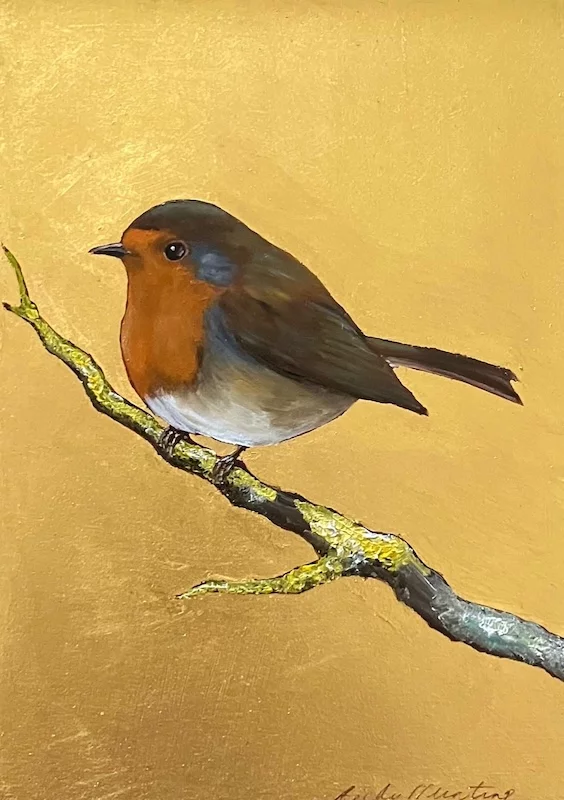 Becky Munting, Robin on Twig, oil and gold leaf, £385, artdog london