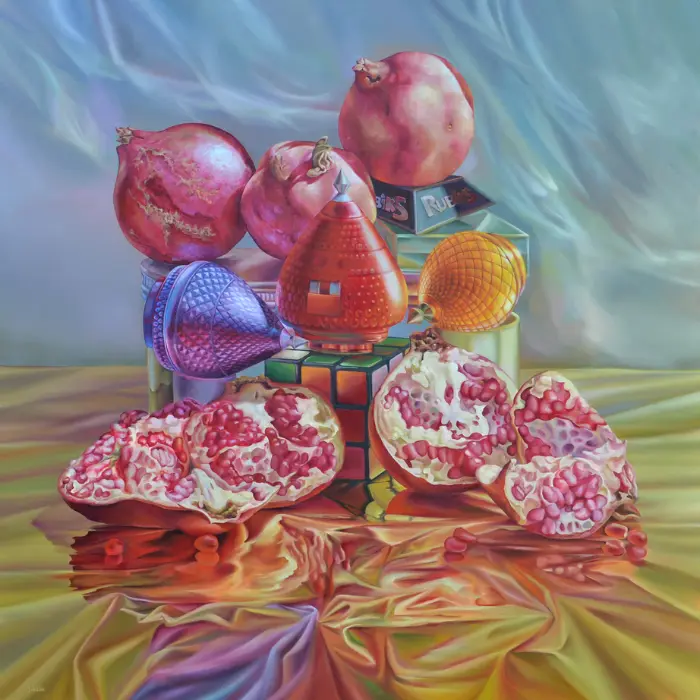 Jorge Luna, Expansive Pomegranates, 2024, Oil on Canvas, 59 x 59in, $10,000, Metaphoric