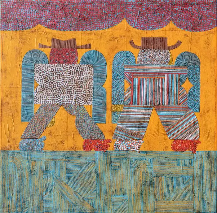 Gustavo Ortiz, Two Gauchos, 2026, Mixed Media Collage on Canvas, 39.4in x 39.4in, $5750, Olivia Connelly