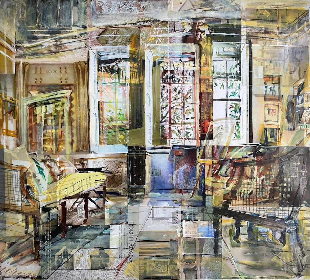 Alison Pullen, West Horsley Place, Stone Parlour (beautiful acquisitions), 2026, Mixed media on magazine pages, 45in x 45in, $4800, Quantum Contemporary Art
